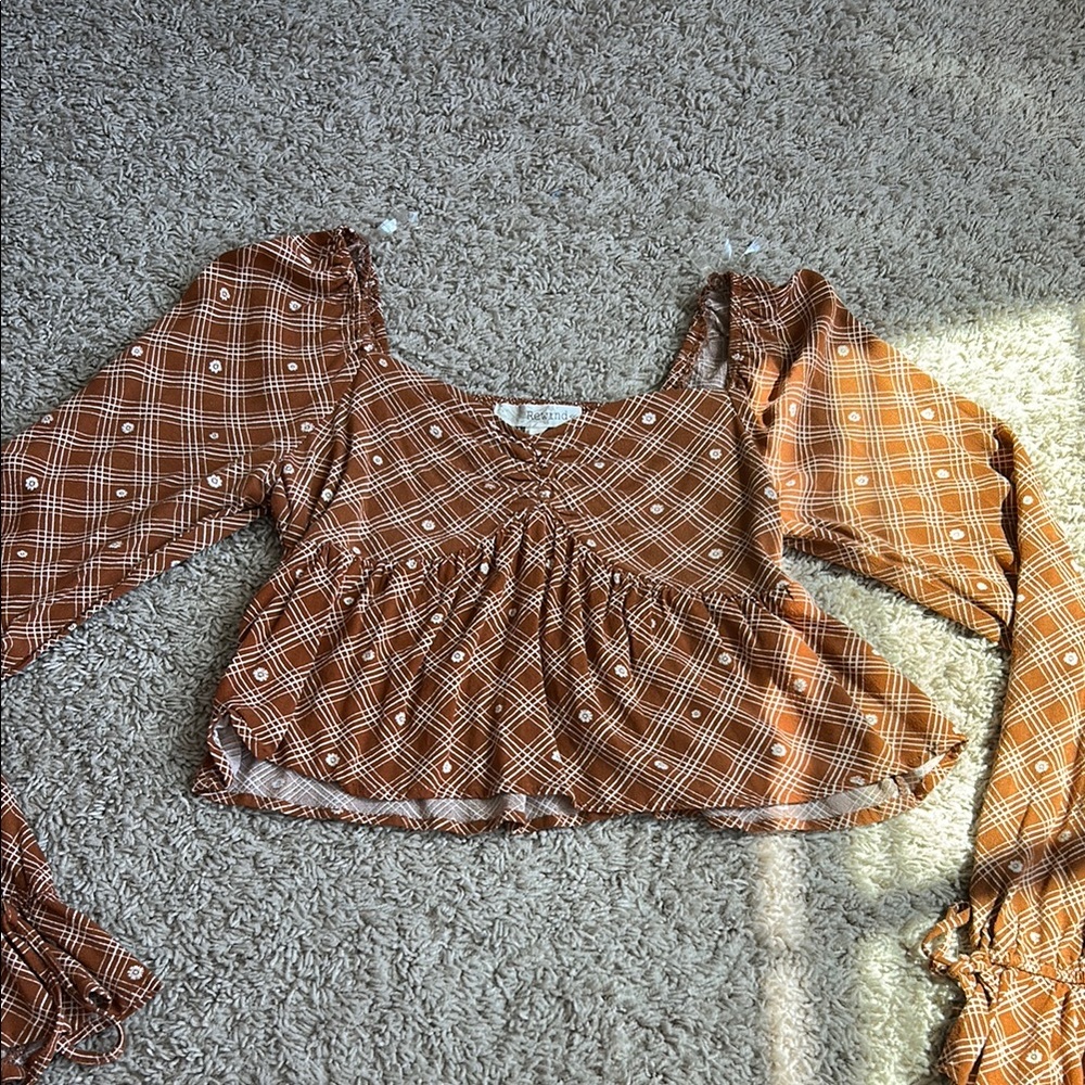 Rewind Brown and Tan Ruched Crop Blouse